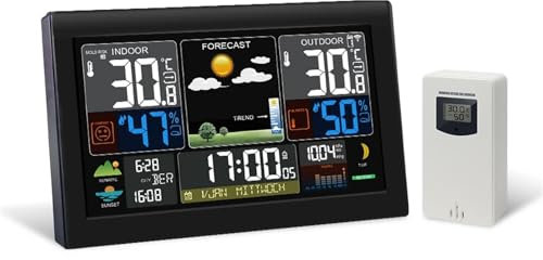 HPHPH Stazione Meteo con Sensore Esterno, E0160 Stazione meteorologica Wireless Termometro Igrometro Misuratore di Temperatura Previsione con Funzione di Tempo di Controllo Radio,Sveglia, Fase Lunare