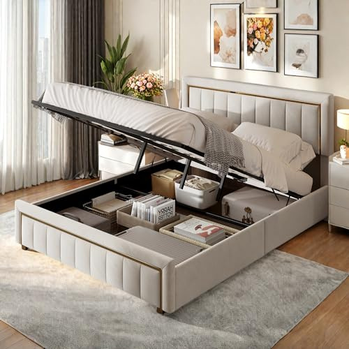 CDQL Polsterbett Doppelbett 160x200 cm, polsterbett mit kopfteil mit staufach, Stauraumbett mit Lattenrost aus Holz, modernes polsterbett, Ohne Matratze, Samt, Beige