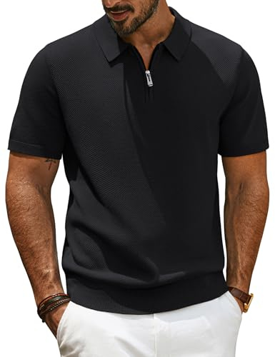 PJ PAUL JONES Herren Poloshirt Kurzarm mit Reißverschluss Sommer Tshirt Golf Polo Schwarz XL