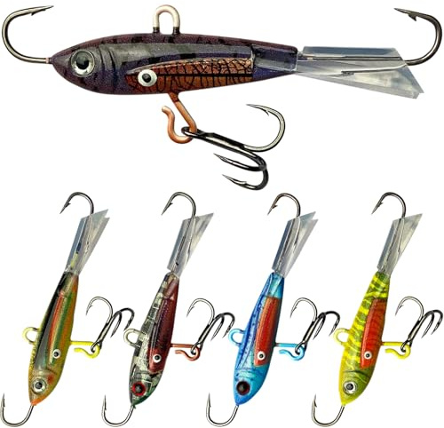 Pristis 5 pcs Ice Fishing Jigs, Ice Fishing Lures Set with Glide Tail, Winter Vibrant Jig Head Kit, Jigging Baits Gear for Bass, Crappie, Walleye, Perch, Trout