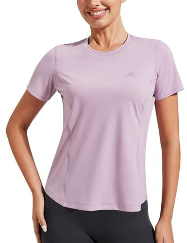Maglietta da donna ad asciugatura rapida, sportiva, a maniche corte, girocollo, tinta unita, traspirante, funzionale, per yoga, colore nero, Lilla, M