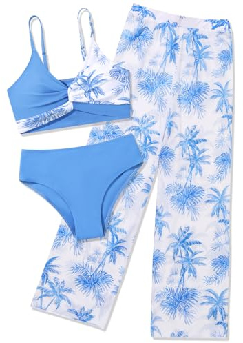 Girls Bikini Sets 3 Piece Criss Cross Tops with Cover Up Pants for 9-16Y | Teen Girls Swimming Costume, Padded Bikini Tops, Beach Cover Up, Swimwear