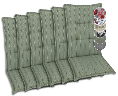 GO-DE Textil Bequeme und attraktive Polsterauflagen für Hochlehner-Gartenstühle (6er-Set, Streifen Grün, Hochlehner)