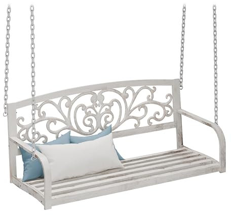 Relaxdays Hängande bänk, 2-sits, metall, H x B x D: 190 x 133 x 55 cm, gungbänk utomhus, vintage trädgårdsgunga, vit/brons