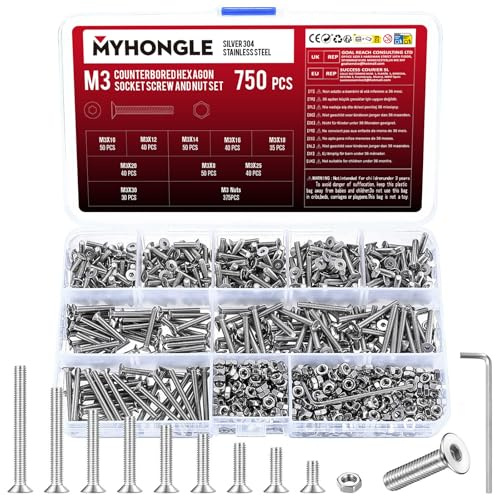 750 Pcs M3 Countersunk Bolts and Nuts Set, Small Stainless Steel Nuts and Bolts, Flat Head Hex Socket Head Cap Screws Set, Machine Screws Assortment Kit (750pcs M3)