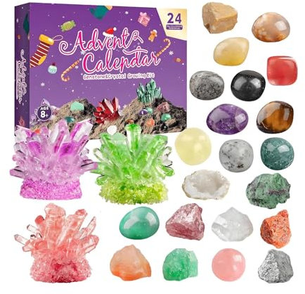 Countdown -Kalender - Crystal Advent, Gem Rock Box | 2025 Mineralwachstumskit 24 Kollektion für Geburtstag Fun Lernen Kinder Erwachsene Männer Frauen Urlaubs Geschenkwissenschaft Spiel Überraschu