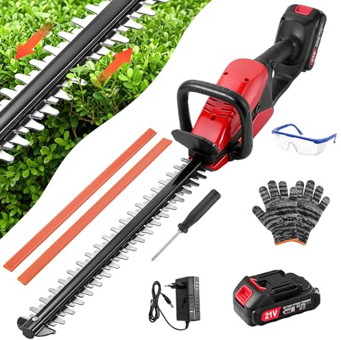 Akku Heckenschere Profi Hecken & Strauchschere, Leicht Akku Heckenschere Elektrisch mit akku und Ladegerät, 50cm Schnittlänge, Schnittstärke 15mm Dual Schnittklingen Verstellbarer Griff