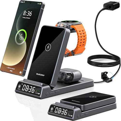 3 in 1 Foldable Wireless Charger for Samsung S25 Ultra with Clock, Grey | Charging Station for Samsung Galaxy S24/Flip 7/Bud, Watch Charger for Samsung Galaxy Watch 8/7/6/5 Pro, Travel Charger