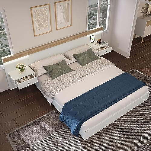 A ALFRESCOOL Doppelbett Bettanlage 140 x 200 cm, Holzbett mit 2 LED Nachtkommoden& USB C Steckdose, Kopfteil mit Leselicht, Schlafzimmer Komplett, Set in Eiche Sonoma, Ohne Matratze(Weiß-2)
