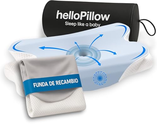 HelloPillow - Cuscino + federa di ricambio, cuscino cervicale e collo, cuscino ortopedico, cuscino ergonomico per dormire lateralmente e bocca superiore (blu e federa grigia)