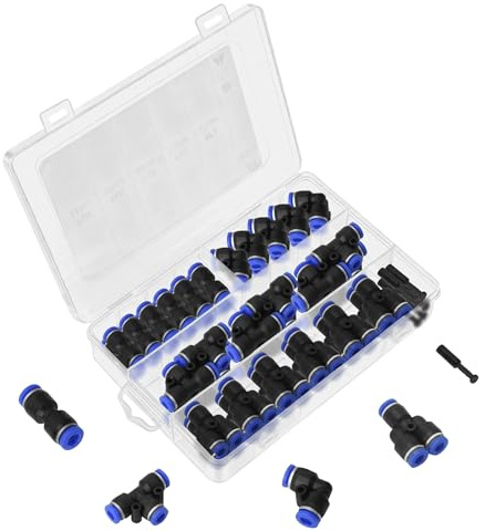 Kit de 60 connecteurs pneumatiques 6 mm - Raccord droit/coudé/en T/dérivation, montage sans outil par emboîtement, étanche pour tuyaux en PU/nylon/PE, raccords pour conduites d'air avec boîte de range