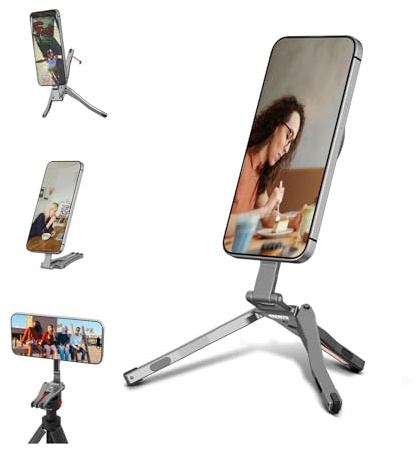 Magnetic Phone Tripod for MagSafe, Aluminium Grip Stand Foldable Portable Mini Desk Travel Phone Holder Adapter with 1/4 Screw & Hook for iPhone 17 16 15 14 13 12 Pro Max Mini Accessories