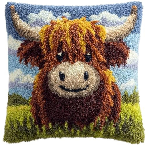 ZUHK DIY Latch Hook Kit | 3D Cushion Cover Craft Set Cross Stitch Embroidery with Tool,43x43cm fit for Bedroom Cushion Craft (Cow 3)