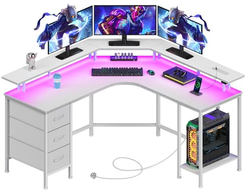 Seventable L-förmiger Gaming Schreibtisch mit LED-Beleuchtung & Steckdosen, Eckschreibtisch mit 3 Stoffschubladen & Ablage, Computertisch für Home Office & PC-Gaming,Weiß,135×135×88 cm
