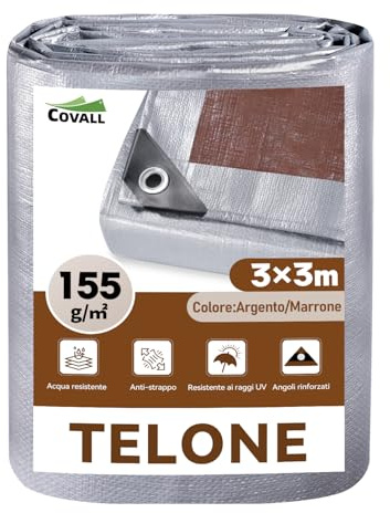 COVALL Bâche 3x3m 155g/m² Imperméable en Polyéthylène, Anti-UV | Polyéthylène haute densité, œillets soudés renforcés, anti-UV, résistante aux intempéries, jardin, camping (Argent/Marron)