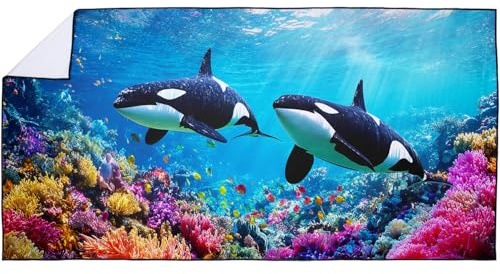 Violetpos Mikrofaser Groß Strandtuch 90x180 cm - Schnelltrocknendes & Kompaktes Handtuch/Strandhandtuch, Orca Wale Motiv Badetücher für Reise Urlaub Camping mit Tasche