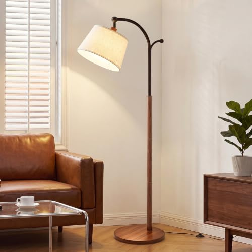 Bingyouth Floor Lamp, Arched Wood Floor Lamp, Linen Shade, Dimmable 3 Color Temperatures, Foot Switch & Coat Hook for Living Room Bedroom Nursery - Wood Grain