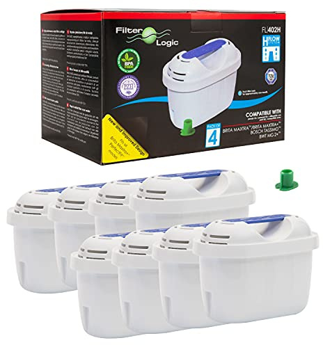FilterLogic FL402H | 8x Filterkartusche kompatibel mit Brita Maxtra+ Plus | Tischwasserfilter Kartusche passend für Marella, Style, Flow, Aluna, Essential, XL, Cool, passend für TASSIMO Kaffeeautomat