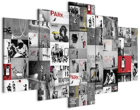 B&D XXL - Leinwandbild Abstrakt Banksy Collage, 200x100 cm, 5-teilig | Hochwertige Leinwand, sofort aufhängbar, ideal fürs Wohn- oder Schlafzimmer, wasserfest und lichtecht, langlebig, stilvoll