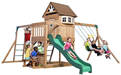 Backyard Discovery Montpelier 100% Cedar Wood Swing Set | Outdoor Playground for Kids | Garden Climbing Frame for Children | 1 Trapeze and 2 Belt Swings | 2.4m Wave Slide | Moneky Bars
