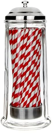 Drinkstuff Glass Straw Dispenser – Retro 21cm Diner‑Style Straw Holder with Chrome Lift Top, Holds Over 100 Straws, Hygienic Storage for Milkshake Straws, Bars, Cafe & Home Entertaining