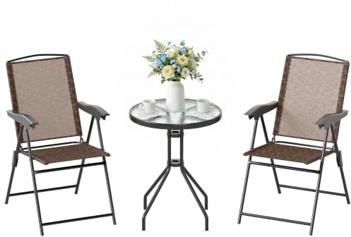 Outsunny Conjunto Mesa y 2 Sillas Terraza Exterior Silla Plegable Marrón | Muebles para Jardín Exterior, Respaldo Reclinable a 4 Niveles, Texteline, Marco Acero