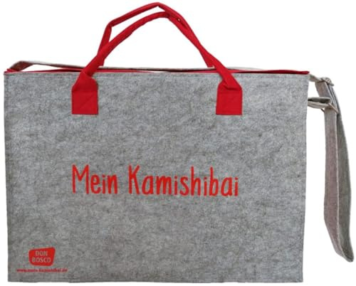 Umhängetasche Mein Kamishibai. Modell 2019, Grau (Zubehör für das Erzähltheater Kamishibai): Modell 2022. Grauer Filz, rote Seitenteile, verstärkter ... die Hand, längenverstellbarer Schulterriemen