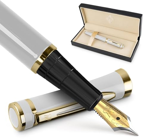 Wordsworth & Black Füllfederhalter-Set, 18K Vergoldete Feder Mittel, Enthält 24er Pack Tintenpatronen, Tinten-Konverter & Geschenkbox, Gold-Finish, Kalligraphie, [Weißgold], Perfekt für Alle