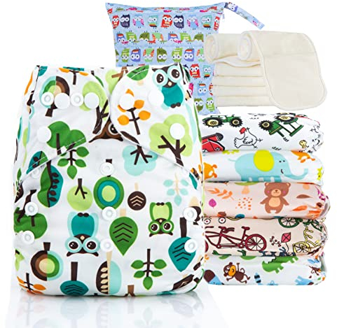 Kolo 6er set wiederverwendbaren Windeln + 6 Waschbare Stoffwindel einlagen bambus + Windeltasche für unterwegs, Unisex verstellbare Stoffwindeln, Mehrwegwindeln babys