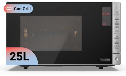 UNIVERSALBLUE Microondas 25 Litros Cristal Negro con Grill | 900W y 5 Niveles Funcionamiento | Temporizador | Bloqueo Infantil | Panel Digital y Control Electrónico