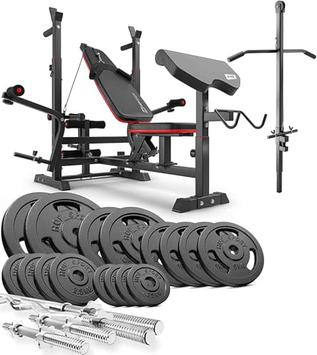 Hop-Sport Hantelbank Kraftstation HS-1075 mit Curlpult & Latzug inkl. Lang-, Curl- & Kurzhantel Gusseisen Gewichte 76kg bis 116kg (116kg)