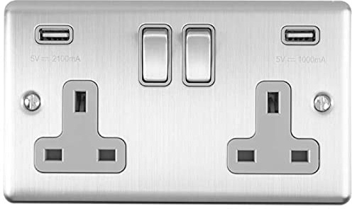 2 Gang Double 13A UK Plug Socket & 2x 2.1A USB-A Satin Stainless Steel Grey Trim - Mains Phone & Tablet Charger Outlet