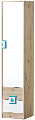 Marmex Nico N5 Eintüriger Kleiderschrank - Hochwertige Möbelbeschläge - Kleiner Kleiderschrank - Kleiderschrank für Jugend, Kinderzimmer - Eiche Hell + Weiß + Türkis - 40x190x40cm