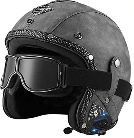 Bluetooth Jethelm mit Visier Retro Pilotenhelm Qualität nach ECE-Norm Roller-Helm für Frauen und Herren im Vintage-Look, Motorrad-Helm mit Schutzbrille