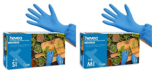 Hevea - Gants à usage unique en nitrile. Sans poudre ni latex. & Gants jetables en nitrile. Sans poudre ni latex. 1 boîte de 100 gants. Taille : M (moyen) Couleur : bleu