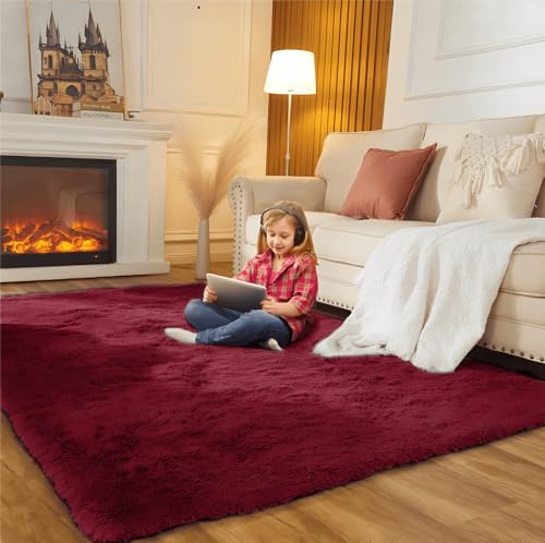 SUBEEN Hochflor Teppich Wohnzimmerteppich waschbar rutschfest extra groß Schlafzimmer Teppich moderner Stil geeignet für Schlafzimmer und Kinderzimmer (Claret, 80x120cm)