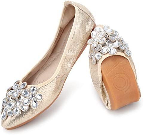 TABNIX Women's Ballet Flats Rhinestone Soft Wedding Ballerina Shoes Foldable Sparkly Dress Comfort Slip on Flat Shoes Gold