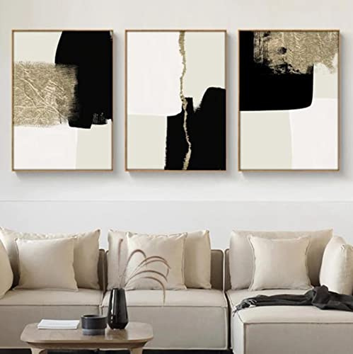 HEHGVCF Set of 3 Modern Minimalist Beige Black and Gold Canvas Posters - Abstract Geometric Wall Pictures - Wall Decoration - Frameless (40 x 60 cm, Geometric)
