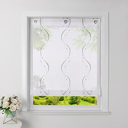 Heichkell Raffrollo mit U-Haken Transparent Raffgardinen Voile Ösenrollo mit Stickerei Vorhang ohne Bohren Grau BxH 100x140cm