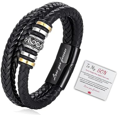 GAUEIOUR Pulsera de cuero para hijo, pulsera de cuero trenzado multicapa, pulsera de cuero para hombre, pulsera de cuero para hombre, pulsera de cuero con texto en inglés «To My Son Love You Forever»,