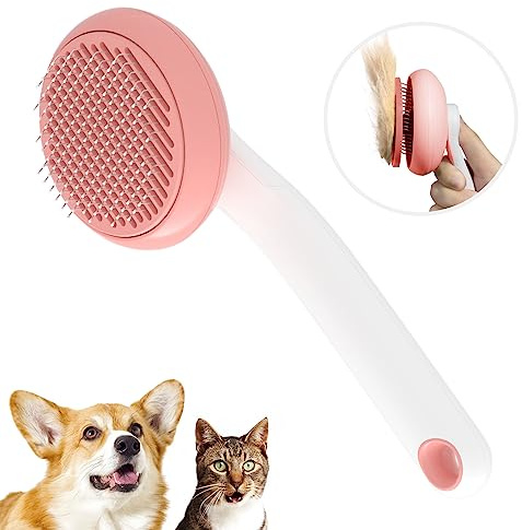 Slicker Brush for Cats & Dogs, Pet Grooming Self Cleaning comb for Shedding, Cat Deshedding Brush Easily Removes Tangles Hair and Loose Undercoat, Pink