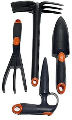 Set attrezzi da giardino in plastica in 4 pezzi trapiantatore, zappetta, rastrello e foraterra