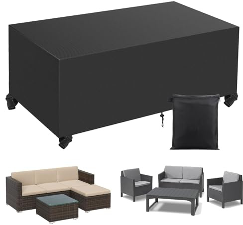 Aipwerer Abdeckung Gartenmöbel, Abdeckplane Gartenmöbel 308x138x98cm | Schwarz, 420D Oxford, wasserdicht, UV-beständig und reißfest, mit Kordelzug und Gurten, für Gartentisch und Gartenmöbel