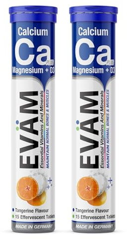 EVÄM Calcium Magnesium D3 Brausetabletten I Geschmack Mandarine I 2x 15 Stück I Nahrungsergänzungsmittel zur Unterstützung von Knochen und Muskeln I für Vegetarier geeignet I Made in Germany