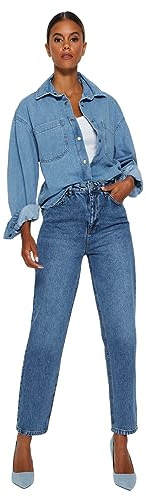 Trendyol Damen Gerade Mama Hohe Taille Jeans, Blue, 46 da Donna