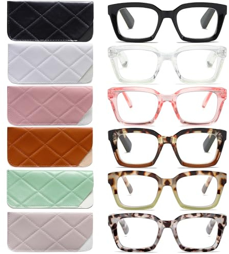 6 Pack Readers for Women Oprah Style Square Reading Glasses with Spring Hinge Blue Light Blocking for Men Ladies 6A +1.5