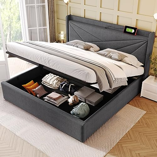 Oyemige Polsterbett 160x200, Doppelbett mit Stauraum und Lattenrost, Kopfteil mit USB Typ C Ladefunktion, Hydraulisch Stauraumbett Rückenlehne Funktionsbetten Jugendbett, ohne Matratze, Leinen Grau