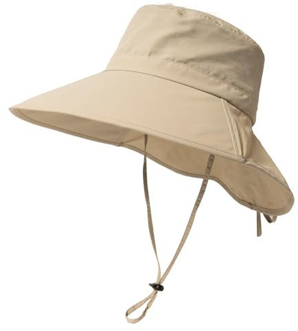 TOP-EX XL/XXL Damen Sonnenhut Pferdeschwanz UV Schutz Faltbar Wasserdicht Outdoor Hut mit Nackenschutz Breite Krempe Sommer Fischerhut Safari Wanderhut Trekking 94601_Beige M/L