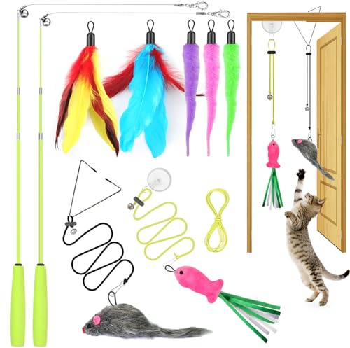 ChicWow Interactive Retractable Cat Wand & Hanging Toys for Cats - 2 Wands, 2 Hanging, 7 Teaser Cat Toys for Indoor Adult Cats Kitten, Includes Feather, Mouse, Fish, Worm, 1 Spare Elastic Rope