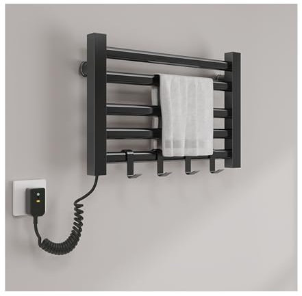 Scaldasalviette Elettrico 5 Barre, Portasciugamani Riscaldato Elettrico a Parete Con 4 Ganci, Termoarredo Bagno Elettrico 95W con Intelligent Thermostatic Control,Nero,Left Line